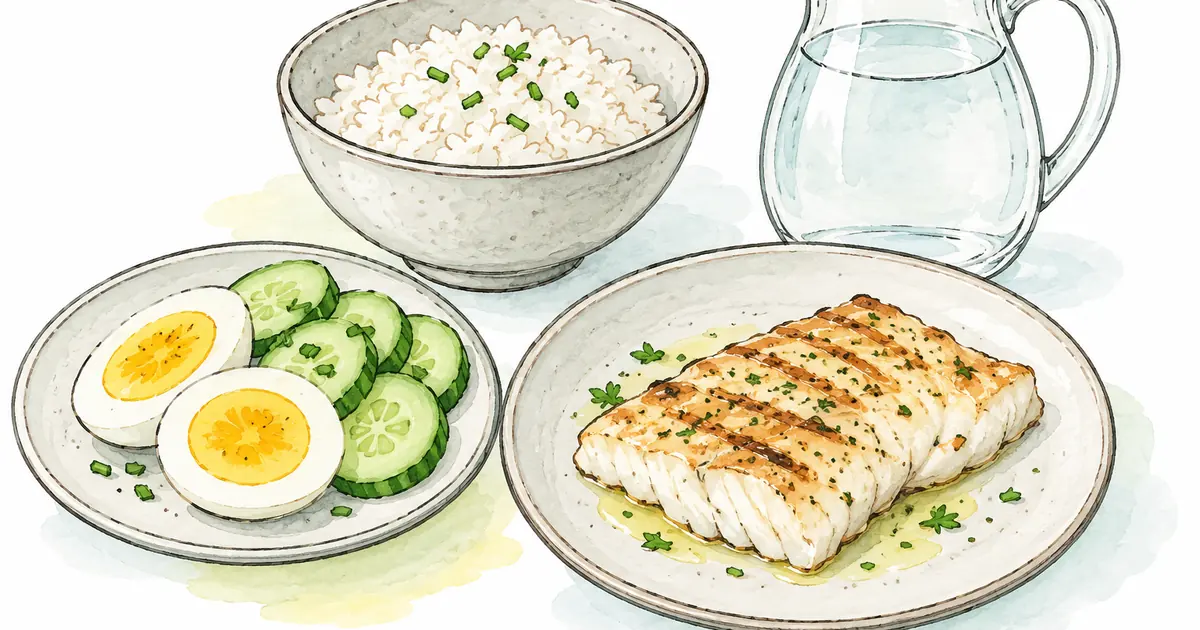 Una mesa con un cuenco de arroz, un plato con huevo cocido y pepino, un plato con pescado a la plancha y una jarra de agua, como ejemplo de comida variada y sencilla.